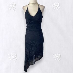 Early 2000's Whimsygoth Asymmetric Black Lace Halter Open Back Midi Dress S